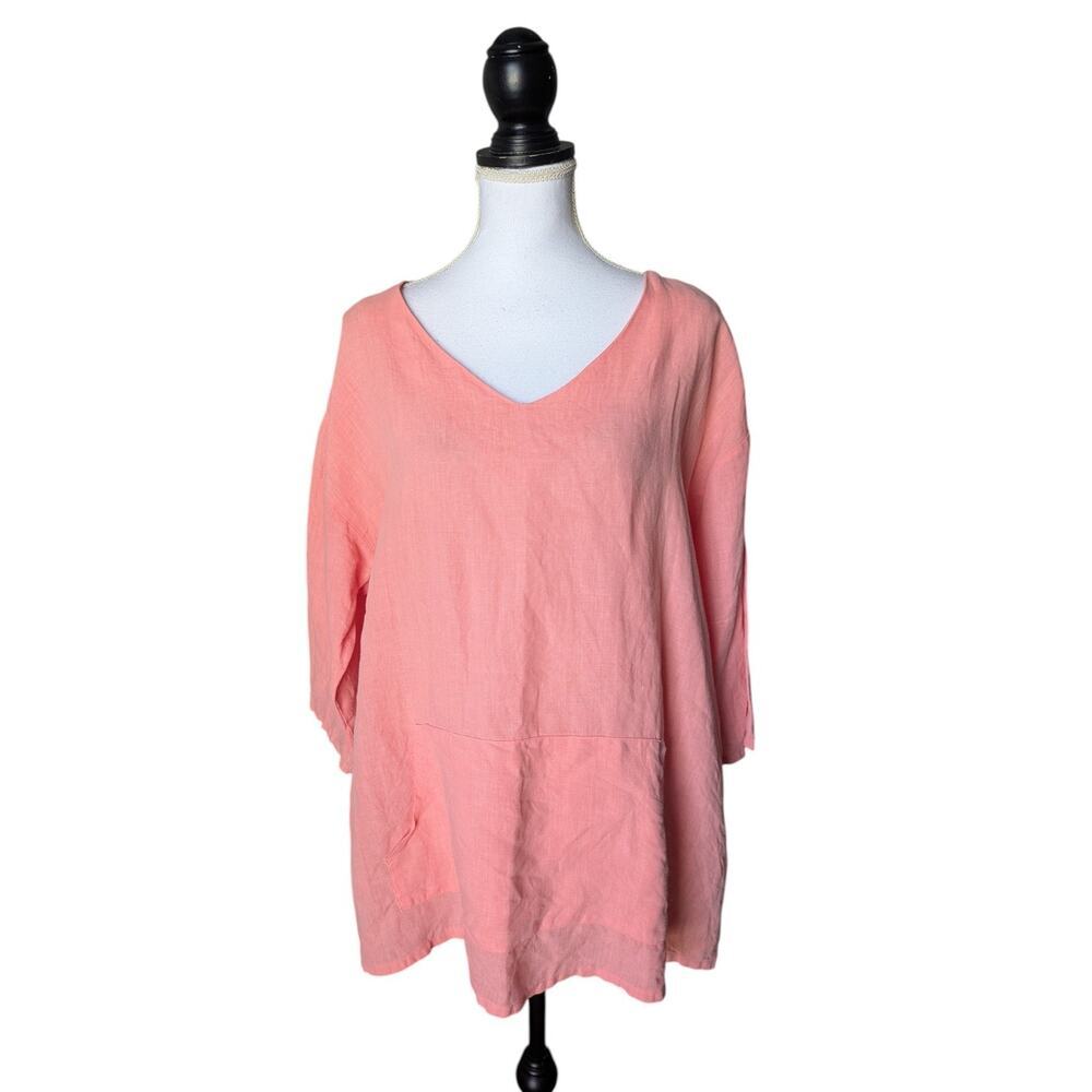 Bryn Walker Coral 100% Linen V Neck Tunic Top Sz Small Kangaroo Pocket Lagenlook